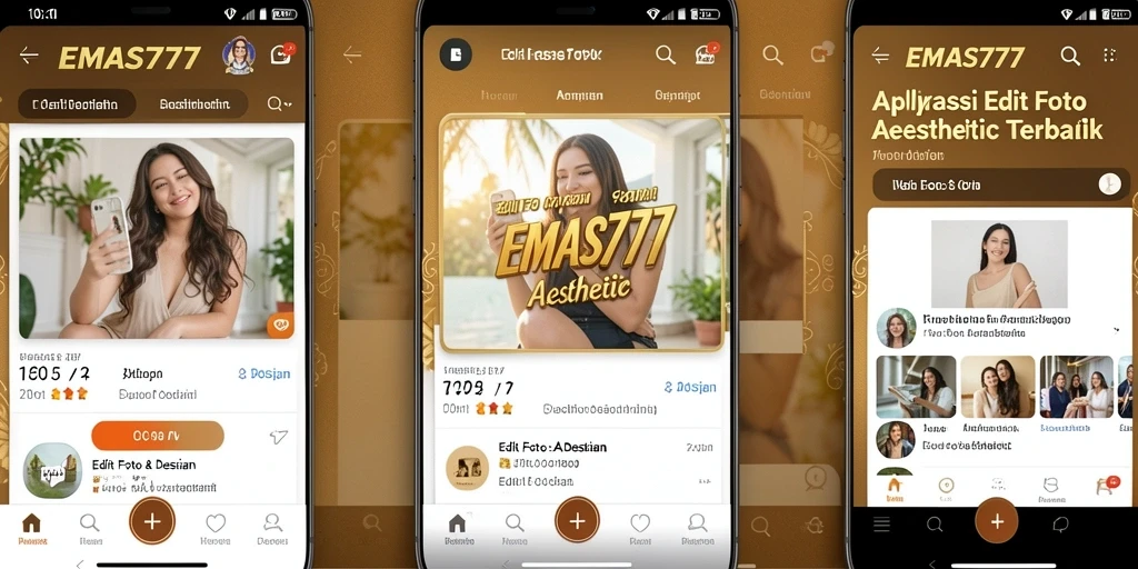 Tampilan aplikasi EMAS777 dengan berbagai fitur edit foto estetis.