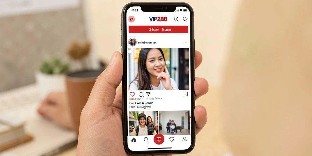Tampilan antarmuka aplikasi VIP288 dengan pilihan filter Instagram.